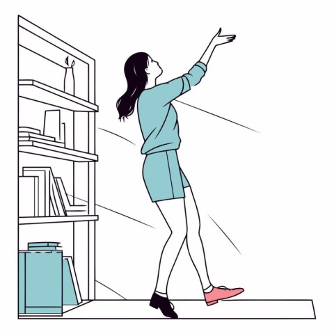 Young woman standing in front of bookshelf vector illustration g