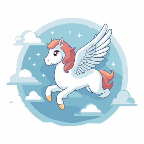 Cute white unicorn with wings flying in the sky.