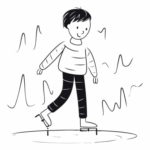 Boy skating on ice rink in doodle style.