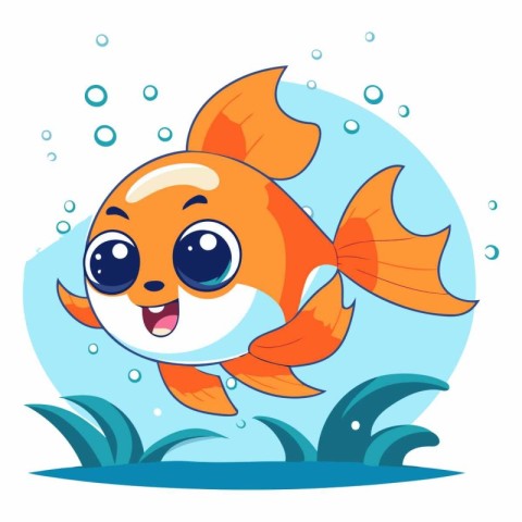 Cute cartoon goldfish swimming in the sea.