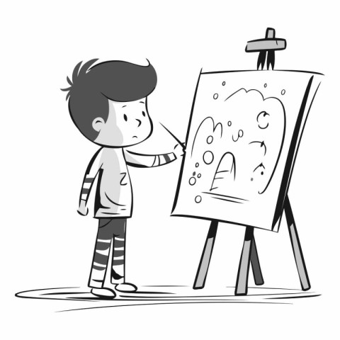 Boy drawing a picture on easel of a child drawing a picture.