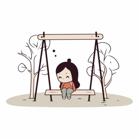 Sad little girl sitting on a swing in the park.