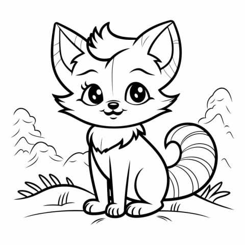 Black and White Cartoon Illustration of Cute Little Fox Animal C