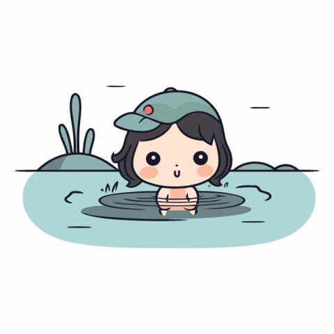 Cute little girl swimming in the lake. Cartoon style.