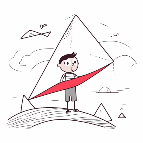 Boy with a red arrow on the mountain. Vector cartoon illustratio