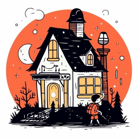 Vector illustration of a little boy and a house in the night.