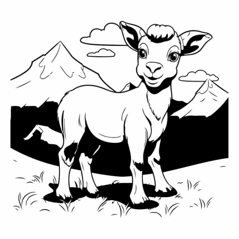 Vector image of a goat on a meadow in the mountains.