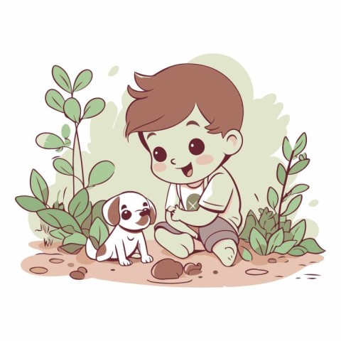 Cute boy playing with his dog in the garden.