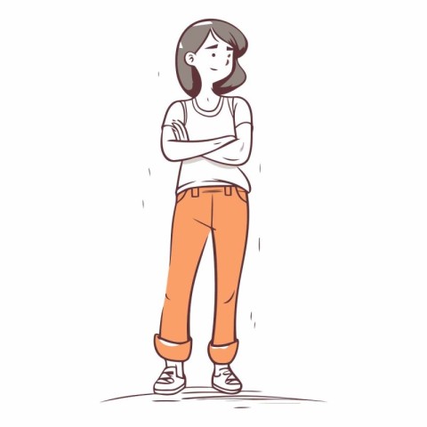 Vector illustration of a woman in jeans and sneakers standing in