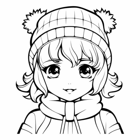 Black and White Cartoon Illustration of Cute Winter Girl Charact