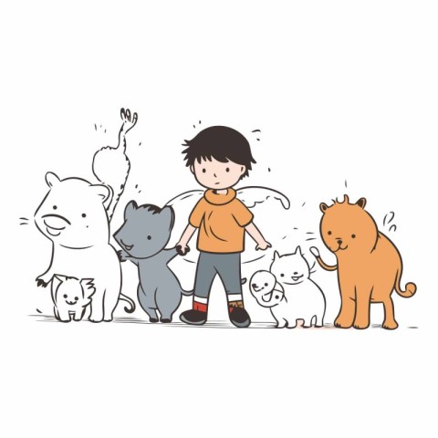 Cute little boy playing with cats and dogs.