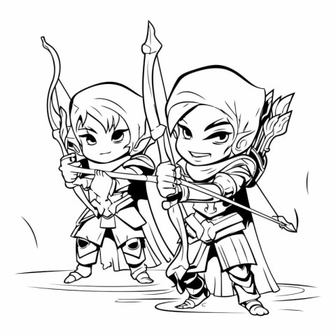 Cute cartoon knight and girl with bow and arrow.