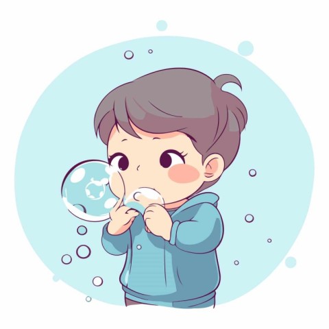 Cute boy blowing soap bubbles in cartoon style.