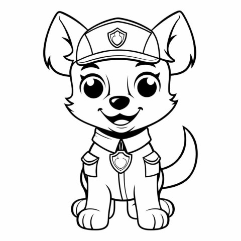 Cute Cartoon Police Dog - Black and White Vector Illustration.