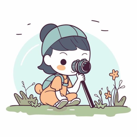 Cute little girl taking pictures with a camera.