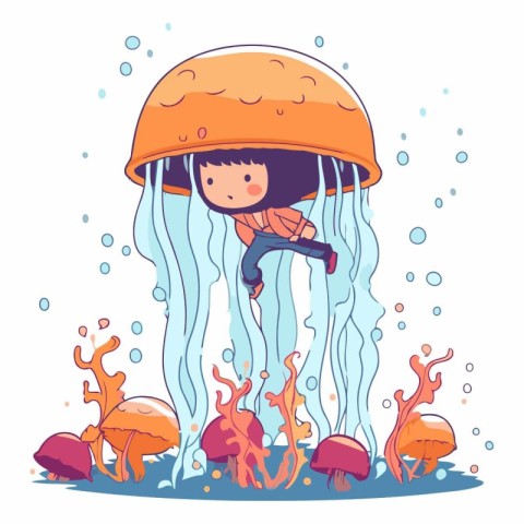 Cute little boy swimming with jellyfish. Cartoon vector illustra