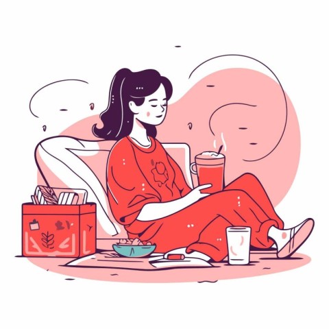 Vector illustration of a girl in a red pajama sitting at a table