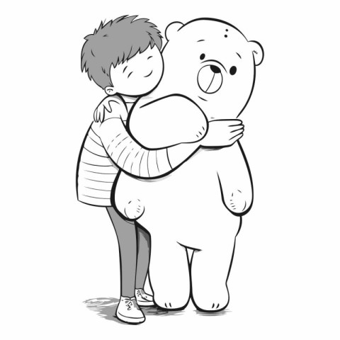 Illustration of a boy hugging a big polar bear. isolated on a wh