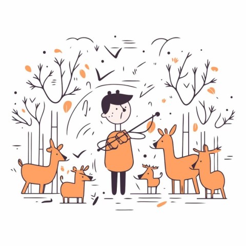 Cute little boy playing with deer in the park