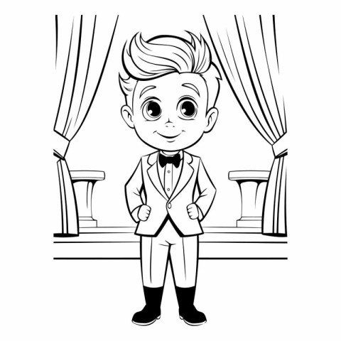 Cute cartoon boy with bow tie standing in front of stage curtain