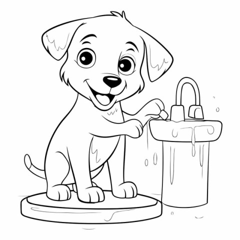 Black and White Cartoon Illustration of Cute Puppy Drinking Wate