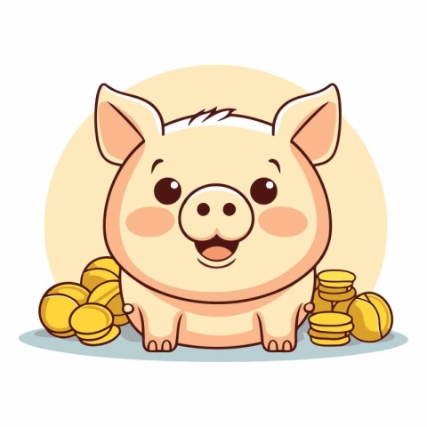 Cute little pig with gold coins in cartoon style.