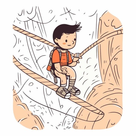 Little boy climbing on a rope bridge in cartoon style.