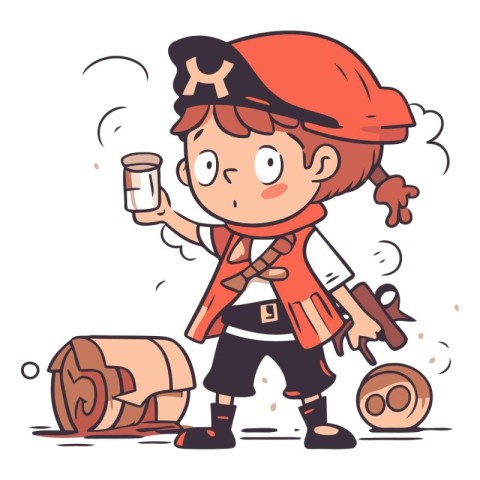 Cute cartoon boy in pirate costume with beer and barrel.