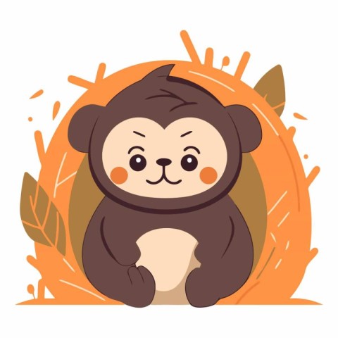 Cute cartoon monkey sitting on a background of autumn leaves