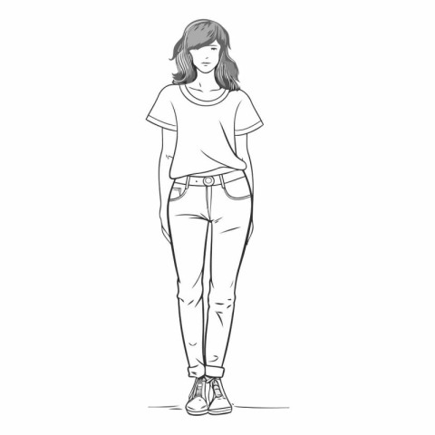 Vector illustration of a girl in jeans and t-shirt. Sketch.