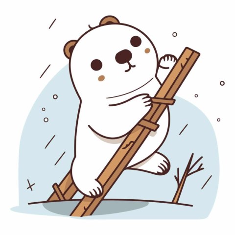 Polar bear climbing on a wooden ladder. Cute cartoon vector illu