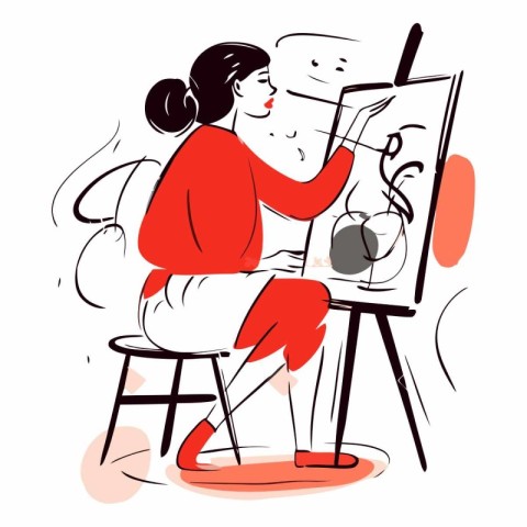 Young woman painting a picture on the easel.