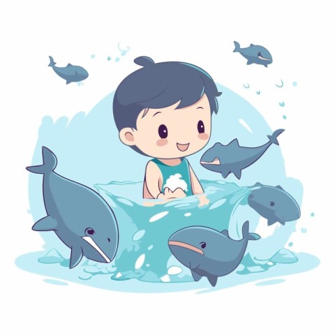 cute little boy swimming with dolphins in the sea