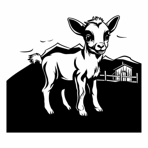 Vector image of a goat on a farm in black and white.