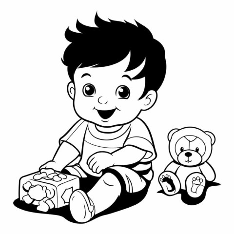 Cute little boy playing with toys. Black and white vector illust