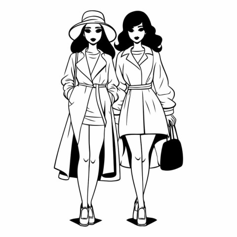 Fashion women in trench coat and hat with shopping bags vector i