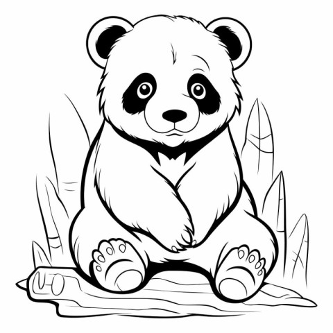 Panda sitting on a branch. Black and white vector illustration.