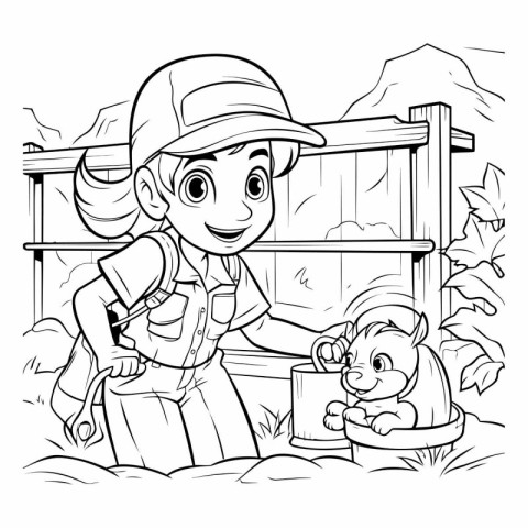 Black and White Cartoon Illustration of Cute Little Girl Feeding