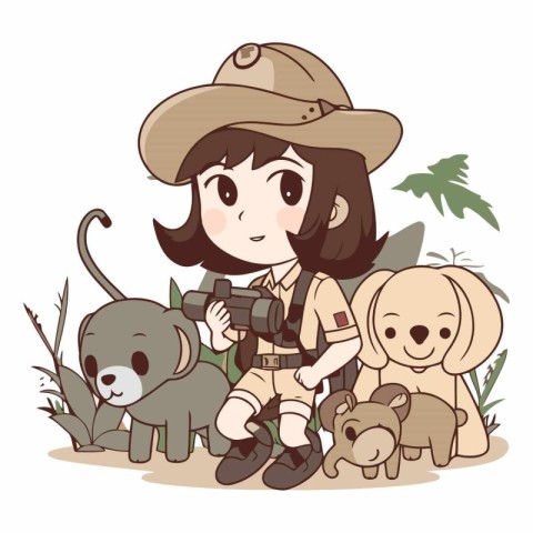 Illustration of a Little Girl in a Safari Gear and Her Animals