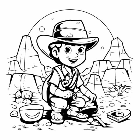 Black and White Cartoon Illustration of a Kid Camping on the San