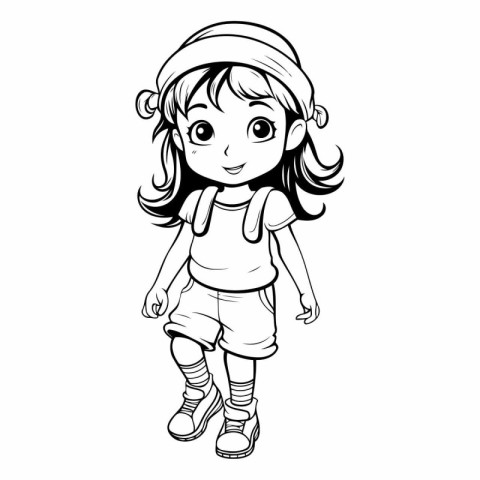 Vector illustration of a cute little girl in a cap and shorts.