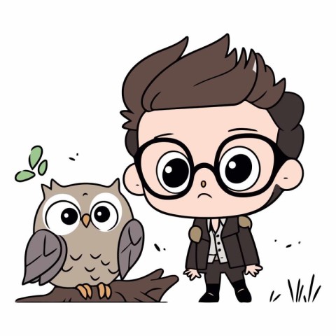 cute boy dressed up like businessman with owl vector illustratio