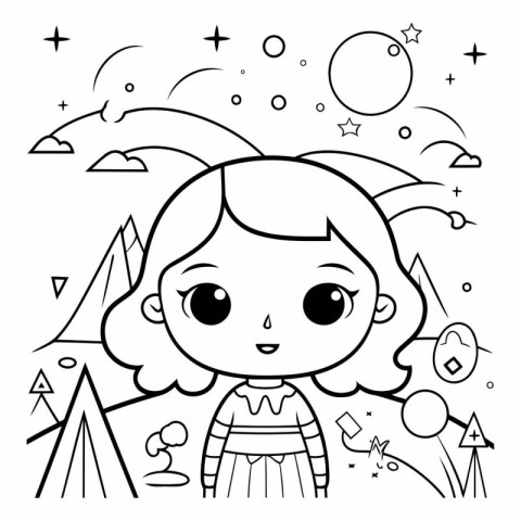 Coloring Page Outline Of a Cute Little Girl Vector Illustration