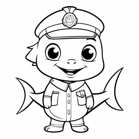 Black and White Cartoon Illustration of Cute Fish Captain Charac