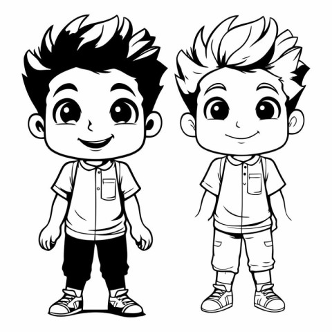 cute little boys with different expressions. black and white vec