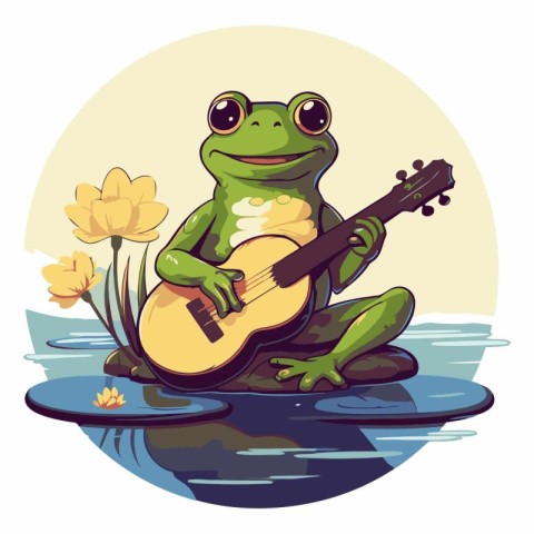 Frog playing guitar on a pond with flowers.