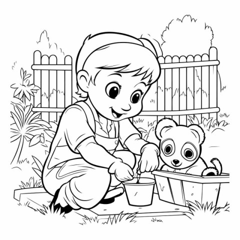 Boy planting a teddy bear in the garden. black and white vector