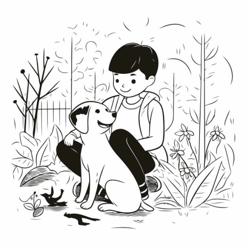 Boy and dog in the park. Black and white vector illustration.