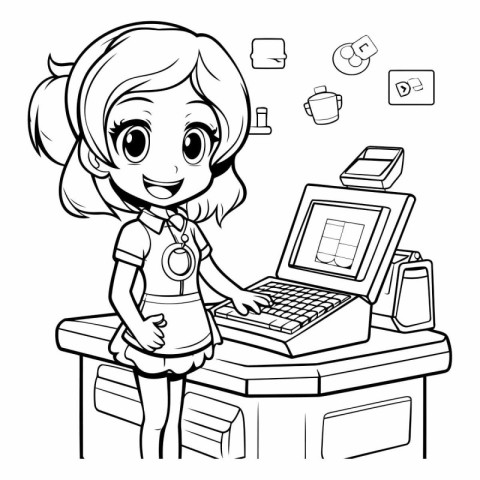 Black and white illustration of a schoolgirl using a computer at