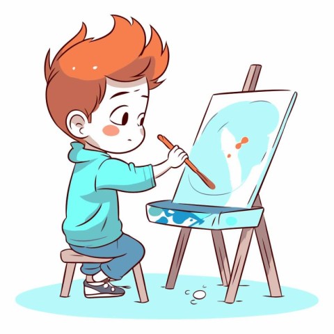 Cute boy painting a picture on easel.